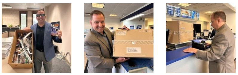 Three images: Paul with donated glasses, Paul with package of donated glasses at Post Office, and Paul weighing the box to send out at the Post Office. 